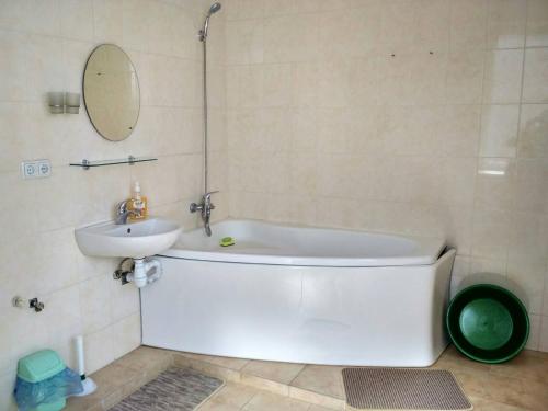 ムカチェヴォにあるApartments Domovik квартира с видом на гори Парканія 21の白い浴槽と洗面台のあるバスルーム