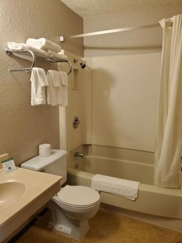 a bathroom with a toilet and a sink and a tub at Bison Plains Lodge in Moorhead