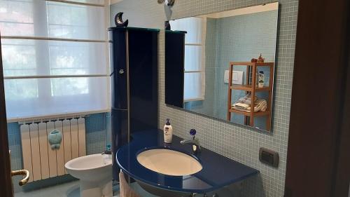 a bathroom with a blue sink and a toilet at Casa Spadoni in Gubbio
