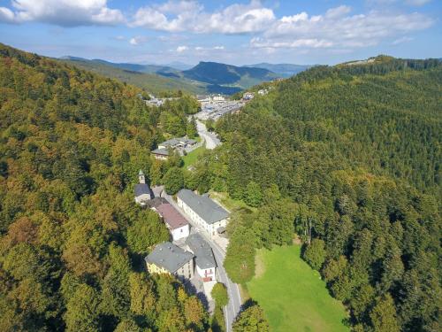 an aerial view of a house in the middle of a forest at HG Abetone e Piramidi Resort in Abetone