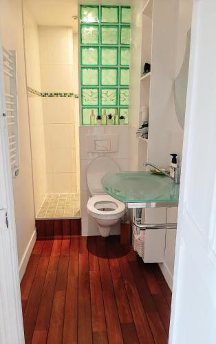 une salle de bain avec toilettes, lavabo et douche dans l'établissement Le p'tit Opale à 2mn de la mer, à Wimereux