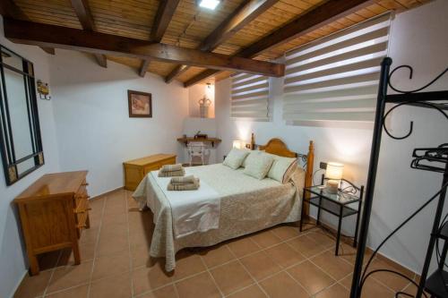 ein Schlafzimmer mit einem Bett und einem Tisch darin in der Unterkunft Casa Cuesta del Álamo. Vistas frente Puente Lata in Granada