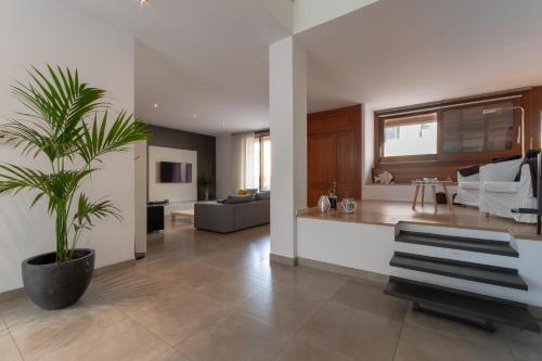 a living room with a palm tree in a pot at NEW! Villa Boutique Mallorca in Lloseta