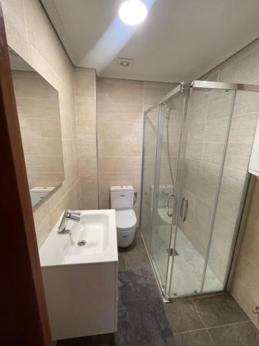 a bathroom with a shower and a sink and a toilet at Villa nueva 1910 in Getxo