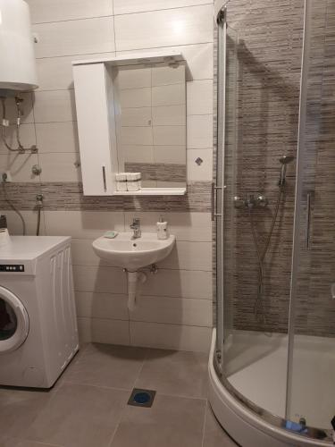 La salle de bains est pourvue d'une douche, d'un lavabo et d'un lave-linge. dans l'établissement Sunshine, à Trebinje