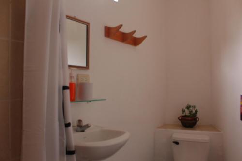 y baño con lavabo, aseo y espejo. en Casa Blanca - San Pedro, en San Pedro La Laguna