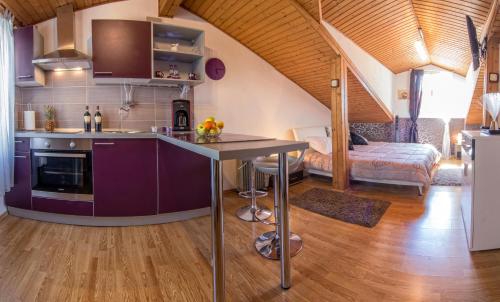 a kitchen with a purple island in a room at Split Inn Apartments in Split