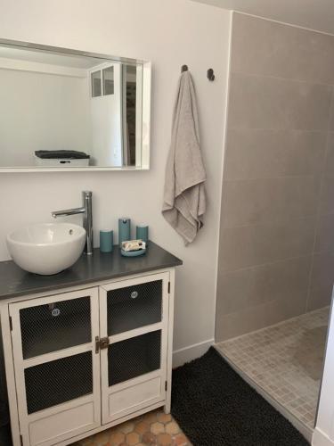 a bathroom with a sink and a mirror at Le Logis K, le charme au cœur de Saint Pair in Saint-Pair-sur-Mer