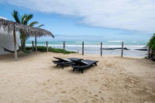 two benches sitting on the beach near the ocean at Sandy Feet House in Puerto Villamil