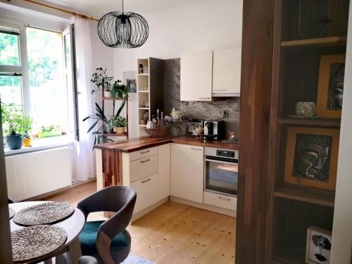 a kitchen with white cabinets and a table with chairs at Apartmany Ivana in Děčín