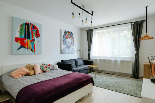 een slaapkamer met een bed, een bank en een raam bij Old Citadel Hill Apartment in Braşov