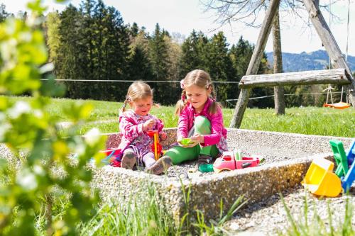 two little girls playing with their toys in a sandbox at Berghof Vöglerbrand in Andelsbuch