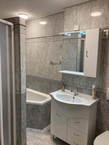 a bathroom with a sink and a bath tub at Boróka Apartman Gyula in Gyula