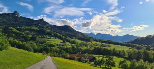 a dirt road through a green valley with mountains at Gästehaus Funk in Bad Feilnbach