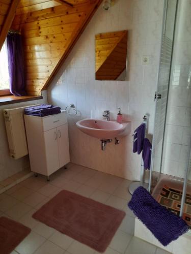 a bathroom with a sink and a shower at Anna vendégház in Tihany