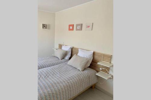 een witte slaapkamer met een bed met 2 kussens bij Appt 1 à 4 pers Cocooning, ,1500 mètres sortie autoroute, 3 km Centre Mâcon in Mâcon