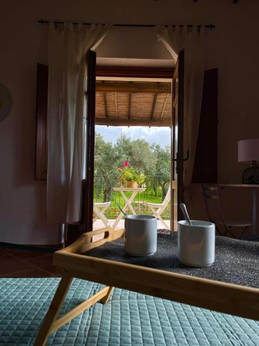 zwei Tassen auf einer Theke in einem Zimmer mit Fenster in der Unterkunft La Vecchia Fornace in SantʼAnna Arresi
