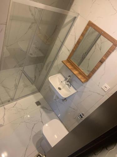 a bathroom with a sink and a mirror and a toilet at Royal Residence Bursa in Bursa