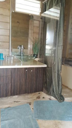 a bathroom with a sink and a mirror at Le Bougainvillier Blanc in Pointe-Noire