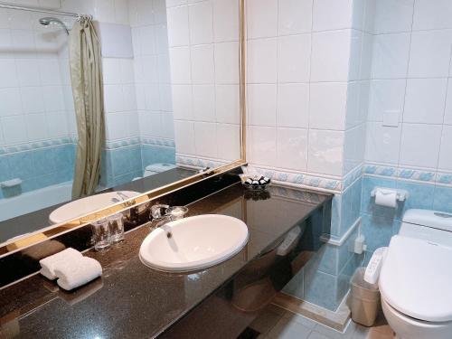 a bathroom with a sink and a toilet and a mirror at Hotel Nikko Apartment Dalian in Dalian