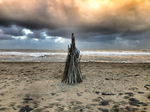 a wooden pole on a beach with the ocean at Residencial Mañanero in Cabarete