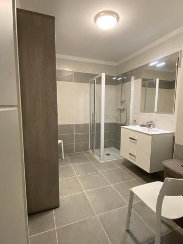 une salle de bain avec douche et lavabo dans l'établissement Appartement 3 chambres LE BAIA, à Sainte-Maxime