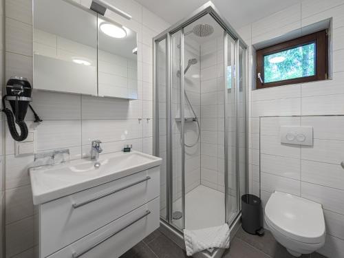 a bathroom with a shower and a sink and a toilet at Paulshöhe in Waren