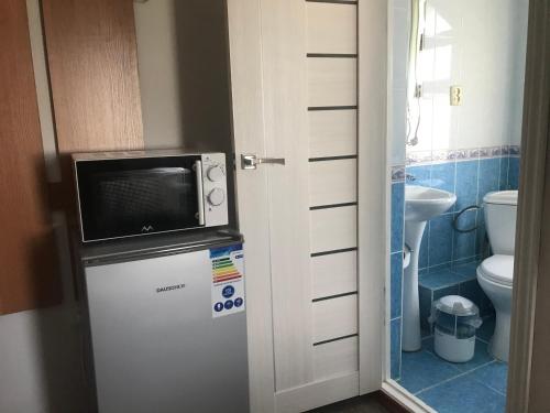 a microwave on top of a refrigerator in a bathroom at Akbulak in Almaty