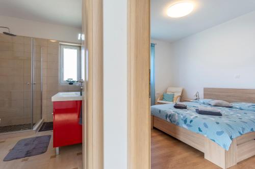 - une chambre avec un lit et une salle de bains pourvue d'une douche dans l'établissement "DeeZee" Apartment, à Loborika