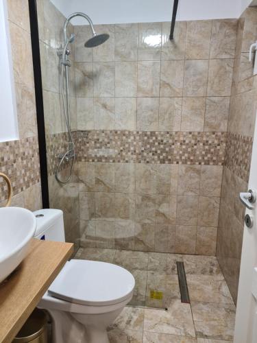 a bathroom with a shower with a toilet and a sink at Pensiunea Gernik 100 in Gârnic