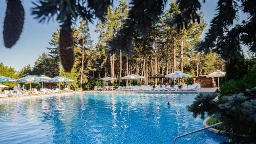 a large swimming pool with chairs and umbrellas at Spa Hotel Dvoretsa in Velingrad