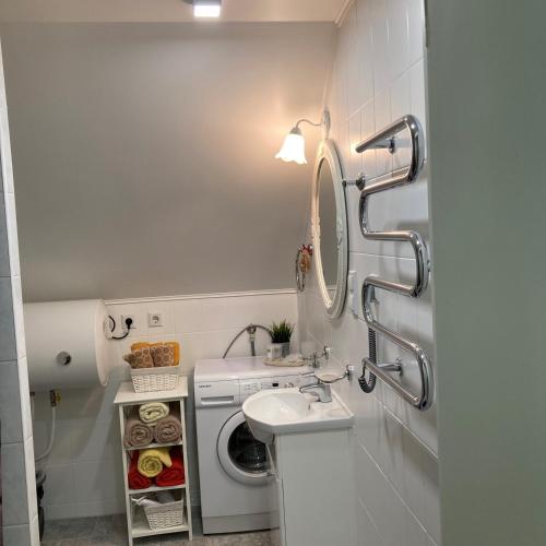 a bathroom with a washing machine and a sink at Apartamentai Taikos 24 in Nida