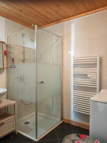 une douche avec une porte vitrée dans une salle de bain dans l'établissement la ratavelaiza, à Champagny-en-Vanoise
