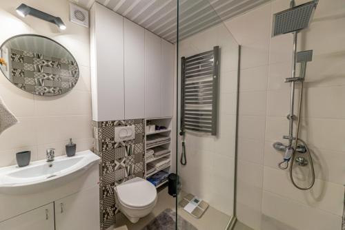 ein Bad mit einer Dusche, einem WC und einem Waschbecken in der Unterkunft City center de Lux apartment in Bar