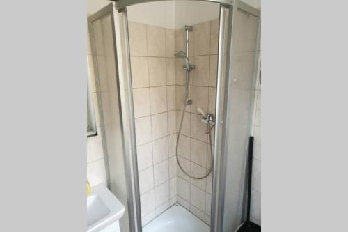 a shower with a glass door in a bathroom at Herrschaftliche Wohnung in zentraler Lage in Salzburg