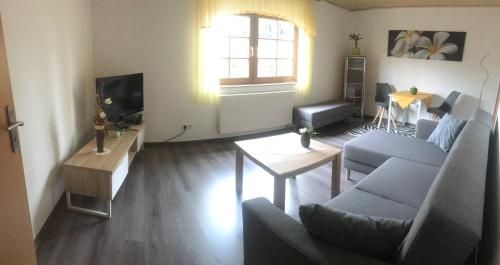 uma sala de estar com um sofá e uma televisão em Am Tor zur Sächsischen Schweiz em Lohmen