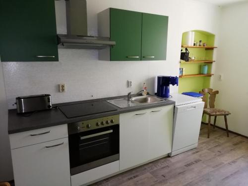 a kitchen with white and green cabinets and a sink at Ferienwohnung Kleine Seite 16 in Görlitz