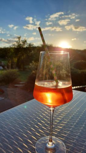 a drink in a wine glass sitting on a table at Woodhouse Spreewiesen in Burig