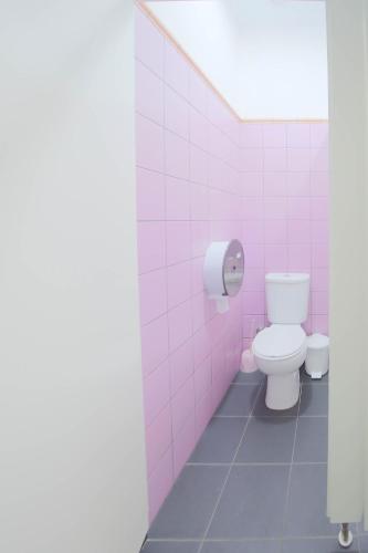 a bathroom with a toilet and a pink tiled wall at Santa Maria Hostel in Funchal