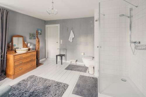 uma casa de banho com um chuveiro, um WC e um lavatório. em Charlottes Pfarrgarten em Niesky