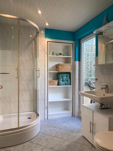 a bathroom with a shower and a tub and a sink at Ferienwohnung Parkblick in Dransfeld