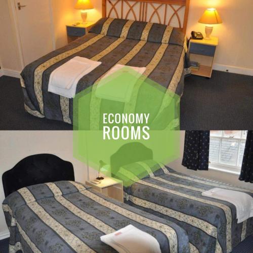duas fotografias de um quarto de hotel com duas camas em The Carlton Hotel em Ipswich