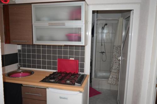 una pequeña cocina con fogones y fregadero en Apartment in Vrsi with Balcony, Air conditioning, Wi-Fi (4824-2), en Vrsi