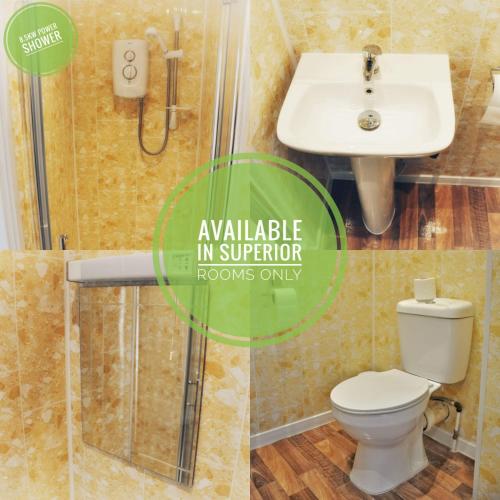 a bathroom with a toilet and a sink and a shower at The Carlton Hotel in Ipswich