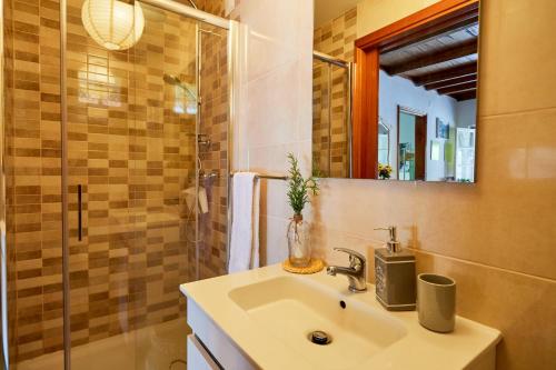 a bathroom with a sink and a shower at Cottage da Paradinha: Passadiços do Paiva - Arouca in Paradinha