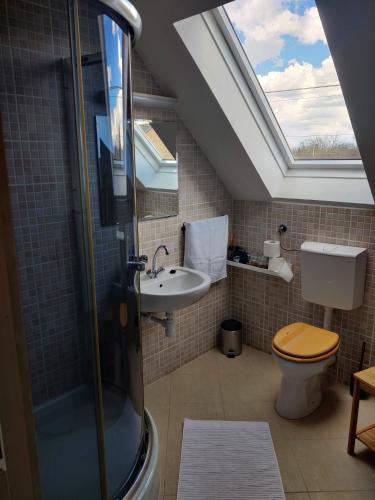 a bathroom with a toilet and a sink with a skylight at Klára-Háza Vendégház in Tiszadorogma