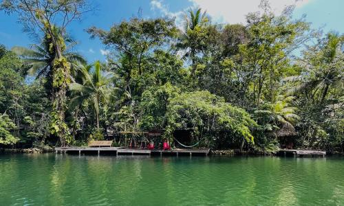 a raft in the middle of a lake with trees at Finca Tatin Hotel in Lámpara