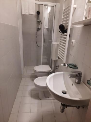 bagno bianco con servizi igienici e lavandino di Foresteria Guest House a Gaiole in Chianti