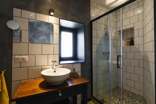 a bathroom with a sink and a shower at Logement Onze Chambres & Gîtes in Raissac-dʼAude