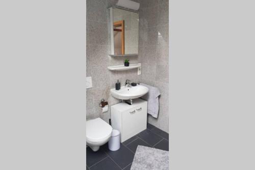 uma casa de banho com um WC branco e um lavatório. em Kempten - Lebendig und voller Geschichte em Kempten